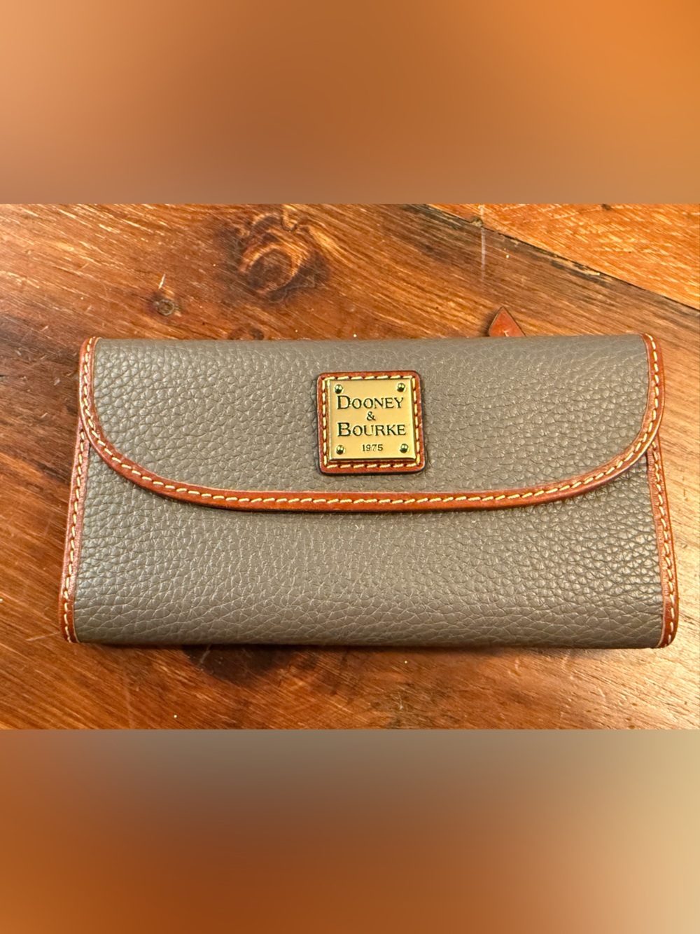 Dooney & Bourke Gray Pebbled Leather Continental Wallet with Brown Trim
